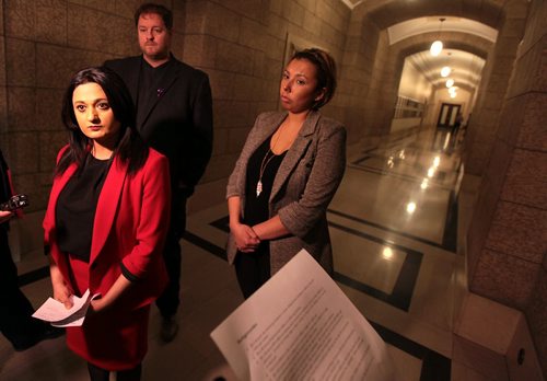 PHIL HOSSACK / WINNIPEG FREE PRESS Provincial Liberal Leader Rana Bokhari speaks to media outside of question period Tuesday afternoon regarding a policy announcement. See release / story. MARCH 15, 2016