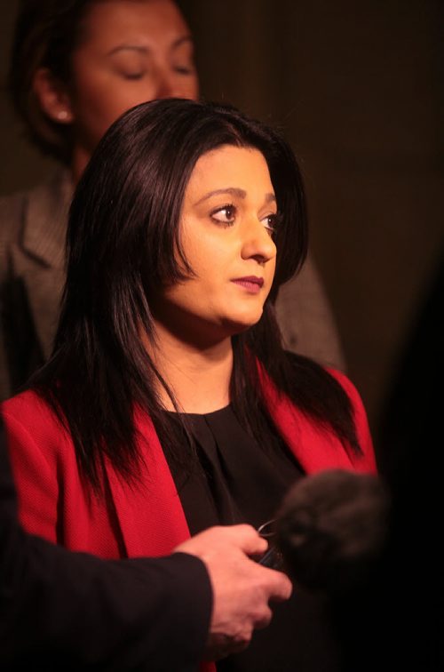 PHIL HOSSACK / WINNIPEG FREE PRESS Provincial Liberal Leader Rana Bokhari speaks to media outside of question period Tuesday afternoon regarding a policy announcement. See release / story. MARCH 15, 2016