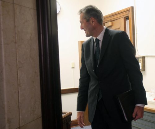 JOE BRYKSA / WINNIPEG FREE PRESS  PC Manitoba leader Brian Pallister in the Manitoba Legislature preapares to talk with media after session-  March 15, 2016.(See Larry Kusch story)