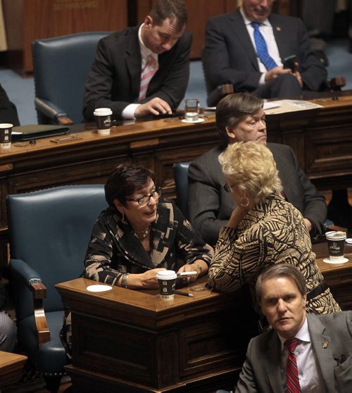 PHIL HOSSACK / WINNIPEG FREE PRESS Manitoba MLA Bonnie Mitchelson confers Tuesday as the Legislature closed it's 40th session. Mitchelson is the longest serving elected woman in all Canada's Legislature, she represents River East. The election is to be called tomorrow. See stories. MARCH 15, 2016