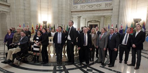 PHIL HOSSACK / WINNIPEG FREE PRESS Manitoba Conservative leader Brian Pallister poses in the rotunda with his party candidates Tuesday after the Legislature closed it's session. The election is to be called tomorrow. See stories. MARCH 15, 2016