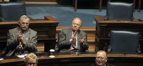 PHIL HOSSACK / WINNIPEG FREE PRESS Manitoba Liberal leader Jon Gerrard applauds Tuesday as the Legislature closed it's 40th session. The election is to be called tomorrow. See stories. MARCH 15, 2016