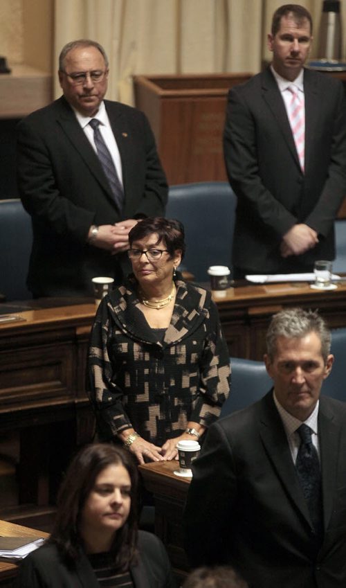 PHIL HOSSACK / WINNIPEG FREE PRESS Manitoba MLA Bonnie Mitchelson stands center Tuesday as the Legislature closed it's 40th session. Mitchelson is the longest serving elected woman in all Canada's Legislature, she represents River East. The election is to be called tomorrow. See stories. MARCH 15, 2016