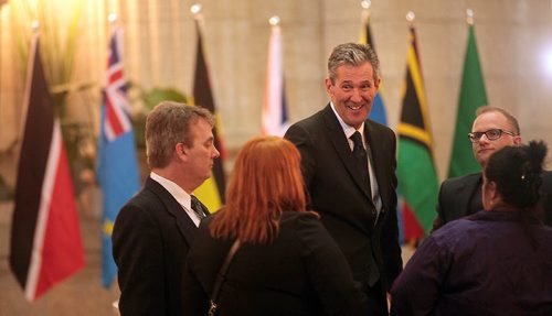 PHIL HOSSACK / WINNIPEG FREE PRESS Manitoba Conservative leader Brian Pallister jokes with his party candidates Tuesday after the Legislature closed it's session. The election is to be called tomorrow. See stories. MARCH 15, 2016