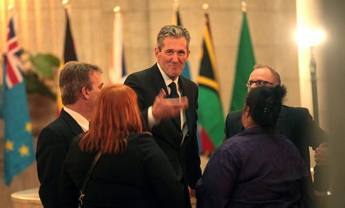 PHIL HOSSACK / WINNIPEG FREE PRESS Manitoba Conservative leader Brian Pallister jokes with his party candidates Tuesday after the Legislature closed it's session. The election is to be called tomorrow. See stories. MARCH 15, 2016