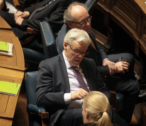 PHIL HOSSACK / WINNIPEG FREE PRESS Manitoba Premier Greg Selinger works his phone Tuesday as the Legislature closed it's 40th session. The election is to be called tomorrow. See stories. MARCH 15, 2016