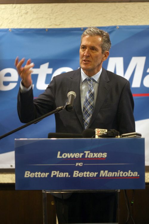 JOE BRYKSA / WINNIPEG FREE PRESSPC leader Brian Pallister  speaks kicking off the 2106 election campaign at the PC candidate Mamadou Ka on Marion St in Winnipeg with his wife Esther  -  March 16, 2016.(See Larry Kusch story)