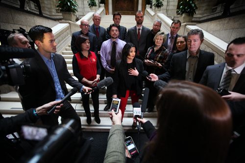 RUTH BONNEVILLE / WINNIPEG FREE PRESS  Liberal Party leader Rana Bokhari along with liberal candidates make press announcement promising full-day Kindergarten if elected, on the steps of the Legislative   Building Wednesday.      March 16, 2016