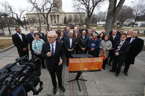 WAYNE GLOWACKI / WINNIPEG FREE PRESS   NDP Leader Greg Selinger speaks at a rally Wednesday by the Legislative Bld. with NDP candidates and cabinet members after calling  the 2016 provincial election. Kristin Annable  story March16 2016