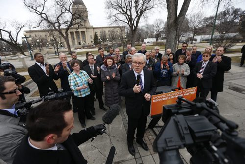 WAYNE GLOWACKI / WINNIPEG FREE PRESS   NDP Leader Greg Selinger speaks at a rally Wednesday by the Legislative Bld. with NDP candidates and cabinet members after calling  the 2016 provincial election. Kristin Annable  story March16 2016