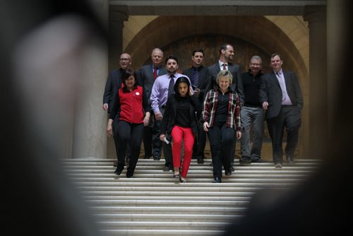 RUTH BONNEVILLE / WINNIPEG FREE PRESS  Liberal Party leader Rana Bokhari along with liberal candidates make their way down the main staircase  of the Legislative  Building  for press announcement Wednesday.      March 16, 2016