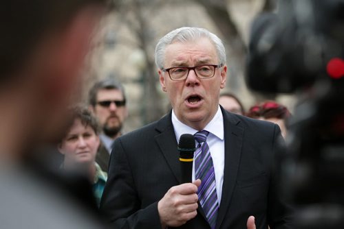 RUTH BONNEVILLE / WINNIPEG FREE PRESS  Premier Greg Selinger  with his NDP cabinet and candidates, states his platform after the official launch of the provincial election at press conference behind the Legislative Building  Wednesday.   March 16, 2016