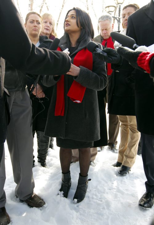 BORIS MINKEVICH / WINNIPEG FREE PRESS We shouldn't be choosing between rent or an ambulance says MB Liberal leader Rana Bokhari at a morning press conference at Osborne and Stradbrook. Photo taken March 17, 2016