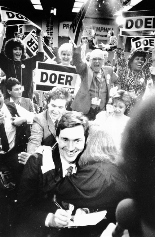 WINNIPEG FREE PRESS  Newly elected NDP Leader Gary Doer is mobbed by a sea of by party faithful at leadership convention.  1988 Manitoba Provincial Election