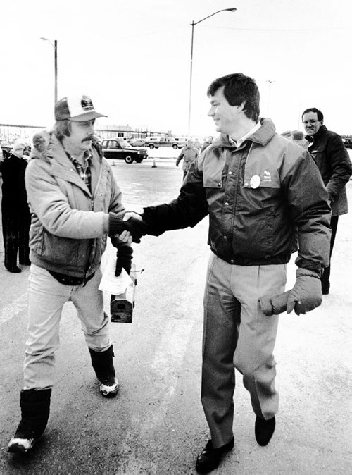 WINNIPEG FREE PRESS  Gary Doer greets miner in Thompson. April 12, 1988.  1988 Manitoba Provincial Election