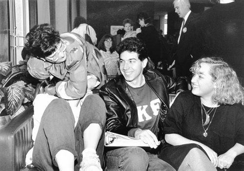 KEN GIGLIOTTI  Sharon Carstairs gets involved in some horseplay with a UofM student after an election rally.  1988 Manitoba Provincial Election