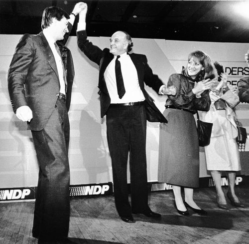 PHIL HOSSACK / WINNIPEG FREE PRESS  Gary Doer and wife Ginny Devine dance with Howard Pawley at party headquarters. April 27, 1988  1988 Manitoba Provincial Election