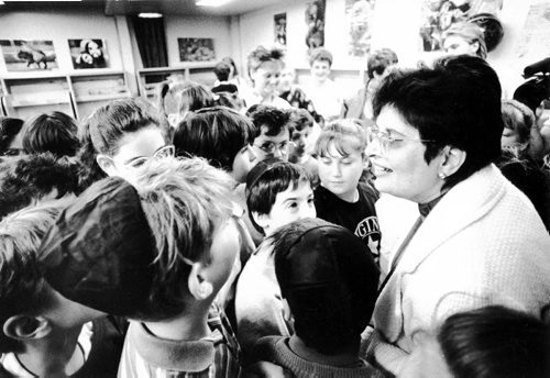 WINNIPEG FREE PRESS  Sharon Carstairs mixes with future voters in Grade 5 at Ramah Hebrew School. April 16, 1988.  1988 Manitoba Provincial Election