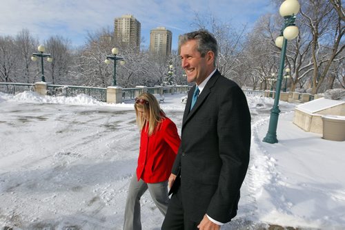 BORIS MINKEVICH / WINNIPEG FREE PRESS PC Leader Brian Pallister, right, arrives at a press conference this morning behind the leg. Photo taken March 17, 2016