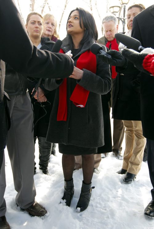 BORIS MINKEVICH / WINNIPEG FREE PRESS MB Liberal leader Rana Bokhari at a morning press conference at Osborne and Stradbrook. Announcement was about ambulances being free for seniors. Photo taken March 17, 2016