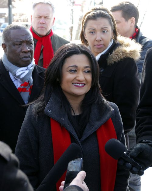 BORIS MINKEVICH / WINNIPEG FREE PRESS MB Liberal leader Rana Bokhari at a morning press conference at Osborne and Stradbrook. Announcement was about ambulances being free for seniors. Photo taken March 17, 2016