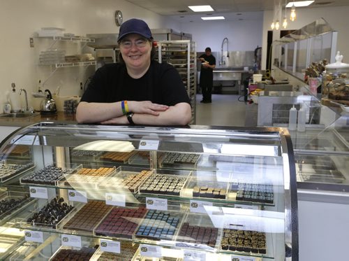 WAYNE GLOWACKI / WINNIPEG FREE PRESS  Decadence Chocolates owner Helen Staines.   (In back is Dan Gallardo. ) Gord Sinclair  story March 17 2016