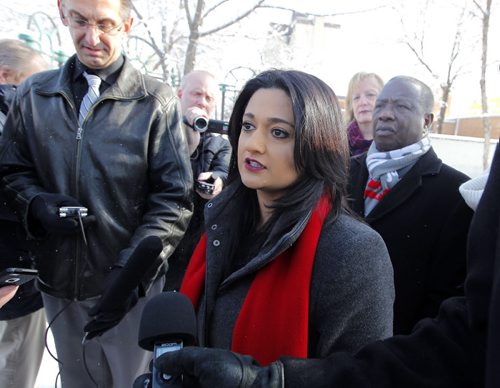 BORIS MINKEVICH / WINNIPEG FREE PRESS MB Liberal leader Rana Bokhari at a morning press conference at Osborne and Stradbrook. Announcement was about ambulances being free for seniors. Photo taken March 17, 2016