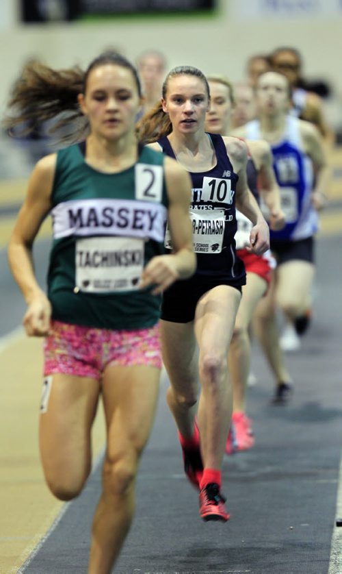 PHIL HOSSACK / WINNIPEG FREE PRESS Jennifer Baragar-Petrash ran and finished second for the entire women's 800 meter final Thursday at the Athletics Manitoba Indoor High School meet. See Melissa Martin's story. MARCH 17, 2016