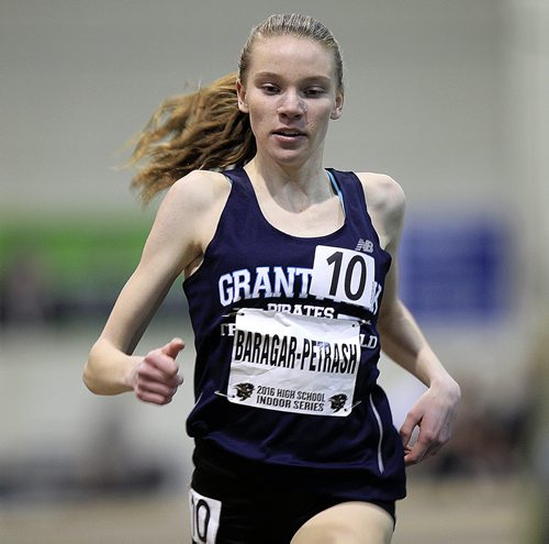 PHIL HOSSACK / WINNIPEG FREE PRESS Jennifer Baragar-Petrash ran and finished second for the entire women's 800 meter final Thursday at the Athletics Manitoba Indoor High School meet. See Melissa Martin's story. MARCH 17, 2016