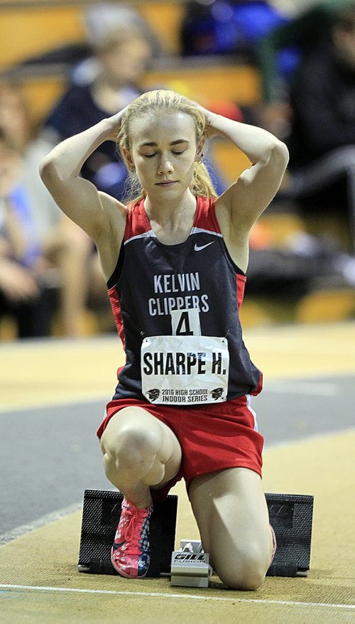 PHIL HOSSACK / WINNIPEG FREE PRESS Kelvin CLippers H. Sharpe steels her nerves before running the womens 200 meter Thursday at Athletics Manitoba High School Track Event MARCH 17, 2016