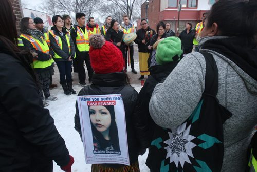 JOE BRYKSA / WINNIPEG FREE PRESSAbout 40 people attended a candle light vigil Thursday night at the bell tower on Selkirk Ave to keep missing Kenora 16 year old,  Delaine Copenace in the public eye- She was last seen in Kenora ,Ontario on Feb 27  - The vigil was organized by family and the Bear Clan Patrol-  March 17, 2016.(See Alex Paul story)