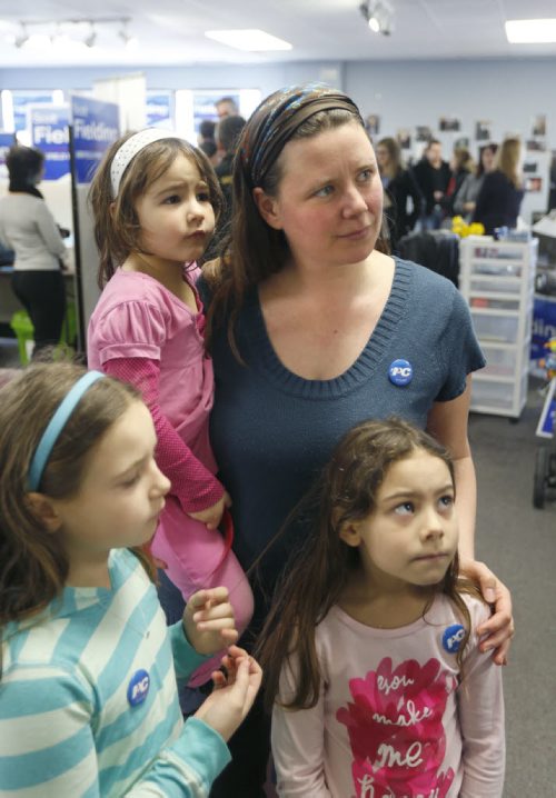 WAYNE GLOWACKI / WINNIPEG FREE PRESS  Marni Daun  and her daughters from left,  Livanna,10, holding Rayna,4, and Lacie,7, is interviewed about their ambulance dispute. They were attending PC Leader Brian Pallister's health care announcement that took place in candidate Scott Fielding's campaign office Friday morning. ¤ Larry Kusch story  March 18 2016