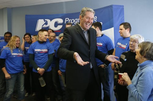 WAYNE GLOWACKI / WINNIPEG FREE PRESS  PC Leader Brian Pallister meets with supporters after he made his health care announcement in Winnipeg Friday morning.  The event took place in candidate Scott Fielding's campaign office.  Larry Kusch story  March 18 2016