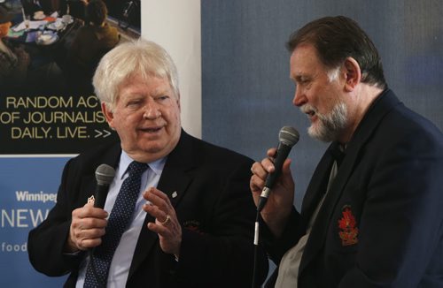 WAYNE GLOWACKI / WINNIPEG FREE PRESS  NHL legends Pete Mahovlich at right and Pat Stapleton who played for Canada in the '72 hockey series visit the Winnipeg Free Press Cafe for an interview Friday.  Geoff Kirbyson  story  March 18 2016