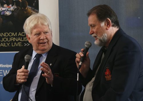 WAYNE GLOWACKI / WINNIPEG FREE PRESS  NHL legends Pete Mahovlich at right and Pat Stapleton who played for Canada in the '72 hockey series visit the Winnipeg Free Press Cafe for an interview Friday.  Geoff Kirbyson  story  March 18 2016