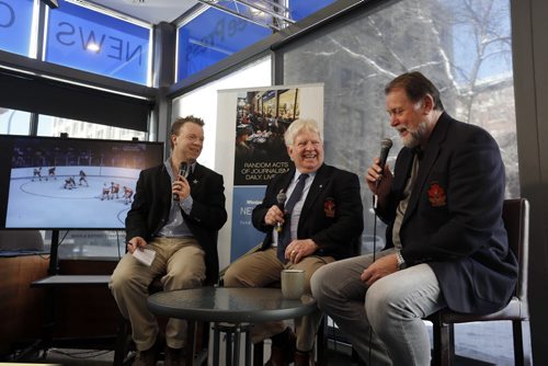 WAYNE GLOWACKI / WINNIPEG FREE PRESS  NHL legends Pete Mahovlich at right and Pat Stapleton who played for Canada in the '72 hockey series visit the Winnipeg Free Press Cafe for an interview Friday.  Geoff Kirbyson  story  March 18 2016