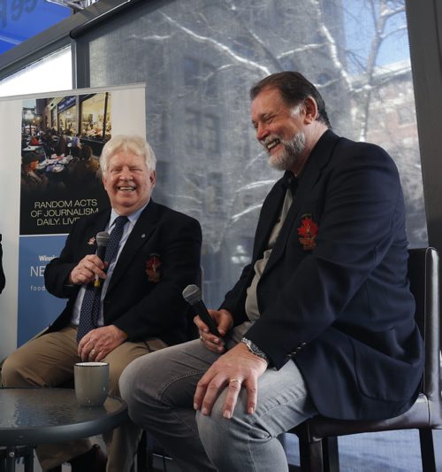 WAYNE GLOWACKI / WINNIPEG FREE PRESS  NHL legends Pete Mahovlich at right and Pat Stapleton who played for Canada in the '72 hockey series visit the Winnipeg Free Press Cafe for an interview Friday.  Geoff Kirbyson  story  March 18 2016