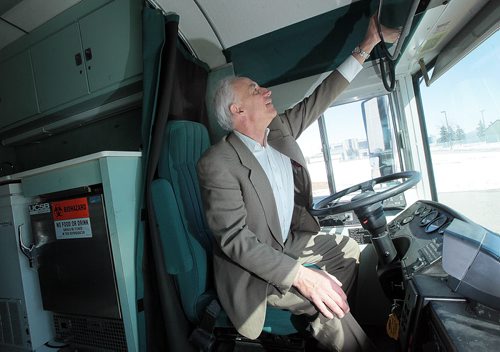 PHIL HOSSACK / WINNIPEG FREE PRESS Peter Jones, Head of the Richardson Centre for Functional Foods and Nutraceuticals sits in the drivers seat as he shows off the interior of a new research bus. See Shamona Harnett's feature.  MARCH 18, 2016