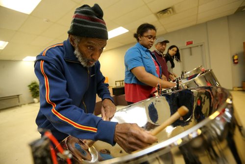 TREVOR HAGAN / WINNIPEG FREE PRESS Gerry Sampson, Olexa Blackwood, Ali Karim and Janelle King, members of Hi-Life Steel Orchestra, practicing at the Caribbean Community Cultural Centre, Saturday, March 19, 2016. For Brenda Suderman Faith page March 26