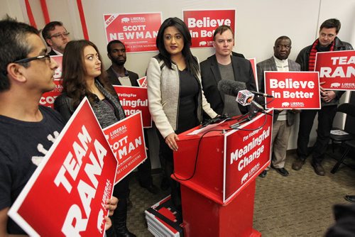 MIKE DEAL / WINNIPEG FREE PRESS  Rana Bokhari leader of the Manitoba Liberal Party announced that her party, if elected, would double the money currently being invested in the Winnipeg Drug Treatment Court during a stop at MLA hopeful Scott Newman's campaign offices Sunday afternoon.   160320 March 20, 2016