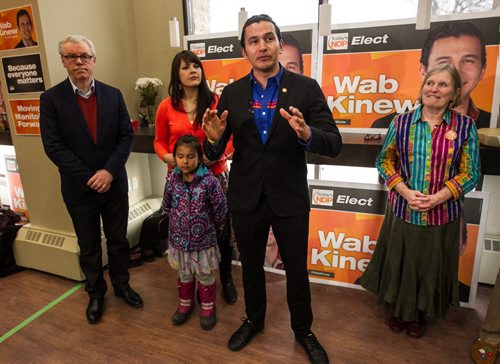 MIKE DEAL / WINNIPEG FREE PRESS Wab Kinew was joined by NDP leader Greg Selinger (left), his partner, Lisa Monkman, Myla Decoteau, 5, and Wab's mom Kathi Kinew (right) at his campaign kick-off in his office at 11 Evergreen Place. 160320 - Sunday, March 20, 2016