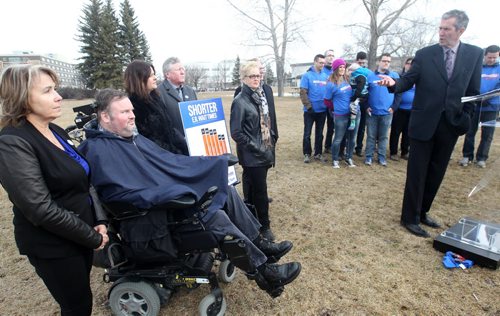 JOE BRYKSA / WINNIPEG FREE PRESS  PC Leader Brian Pallister , right, flanked by candidates during announcement near the Grace Hospital in Winnipeg Monday, March 21, 2016.(See Larry Kusch story)