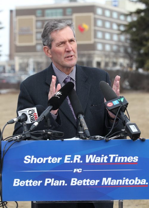 JOE BRYKSA / WINNIPEG FREE PRESS  PC Leader Brian Pallister  at Heathcare announcement near the Grace Hospital  , March 21, 2016.(See Larry Kusch story)