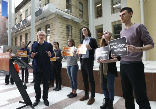 WAYNE GLOWACKI / WINNIPEG FREE PRESS  Premier Greg Selinger along with students and former students makes an NDP announcement on advanced education at the University of Manitoba, Bannatyne Campus - Brodie Centre Monday morning.¤  Nick Martin story.   March 21 2016