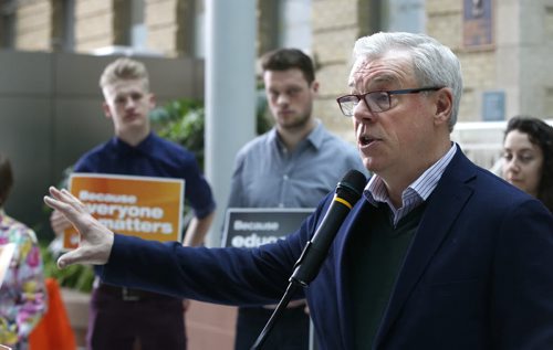 WAYNE GLOWACKI / WINNIPEG FREE PRESS  Premier Greg Selinger along with students and former students makes an NDP announcement on advanced education at the University of Manitoba, Bannatyne Campus - Brodie Centre¤Monday morning.¤  Nick Martin story.   March 21 2016