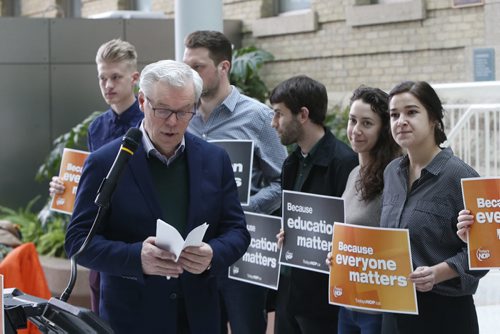 WAYNE GLOWACKI / WINNIPEG FREE PRESS  Premier Greg Selinger along with students and former students steps up to the microphone to make his NDP announcement on advanced education at the University of Manitoba, Bannatyne Campus - Brodie Centre Monday morning.¤  Nick Martin story.   March 21 2016