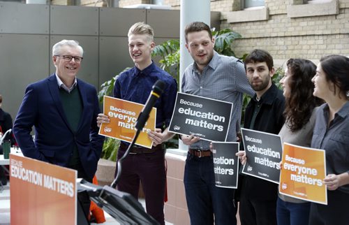 WAYNE GLOWACKI / WINNIPEG FREE PRESS  At left, Premier Greg Selinger along with students and former students prior to making his NDP announcement on advanced education at the University of Manitoba, Bannatyne Campus - Brodie Centre Monday morning.¤  Nick Martin story.   March 21 2016