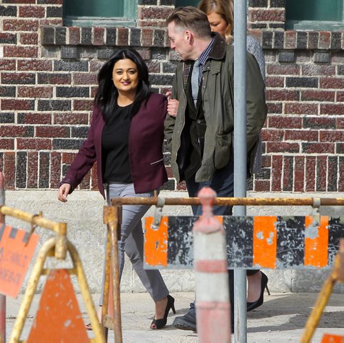 BORIS MINKEVICH / WINNIPEG FREE PRESS Manitoba Liberals to Make Infrastructure Announcement. Rana Bokhari and Mb Liberal candidate in the Assiniboia riding walk away after the presser near Broadway and Furby (Northwest Corner). Photo taken March 21th, 2016