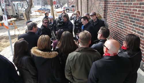 BORIS MINKEVICH / WINNIPEG FREE PRESS Manitoba Liberals to Make Infrastructure Announcement. Rana Bokhari is sandwiched between the media and the liberal candidates at the presser near Broadway and Furby (Northwest Corner). Photo taken March 21th, 2016