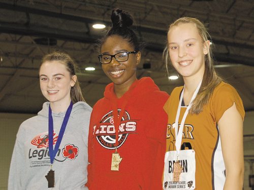 Canstar Community News Ifunanya Nwannemelu of Glenlawn Collegiatel (centre) won the junior women's long jump with a leap of 5.09 metres at the 2016 High School Series provincial indoor athletics championship on March 17. Ashton Stewart of Shaftesbury Collegiate (left) was second, while Danica Bazin of Centre Scolaire Leo-Remillard (right) finished third.